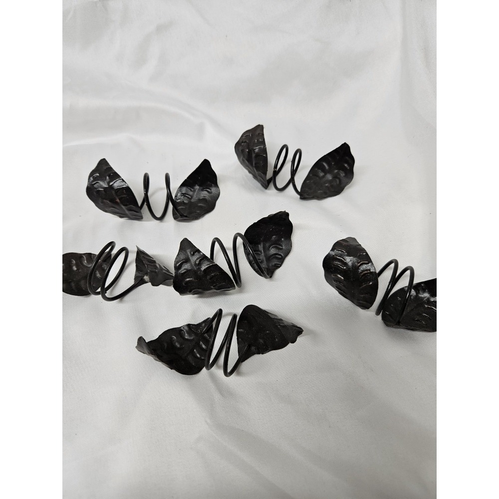 Vintage Black Wrought Iron Leaf Napkin Rings Set of 6 Spiral Coil Metal Rustic